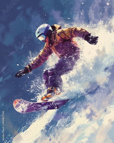 Dynamic snowboarder in action on a snowy mountain slope, showcasing extreme winter sports and adventure in the vibrant landscape.