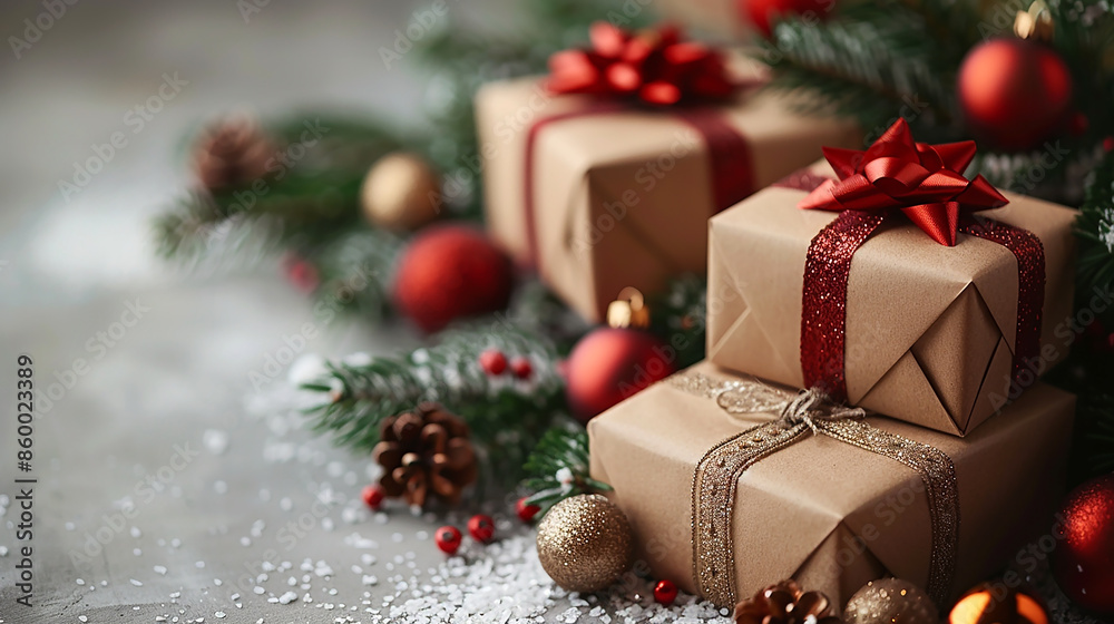 wide horizontal red and gold Christmas party background banner with wrapped and decorated gift boxes on a table with blank white space wide horizontal red and gold Christmas party background banner with wrapped and decorated gift boxes on a table with blank white space