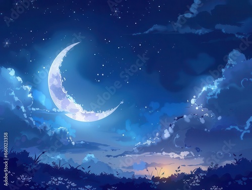 crescent moon, moonlit evening, gentle breeze, quiet night, calm atmosphere, tranquil night, serene stars