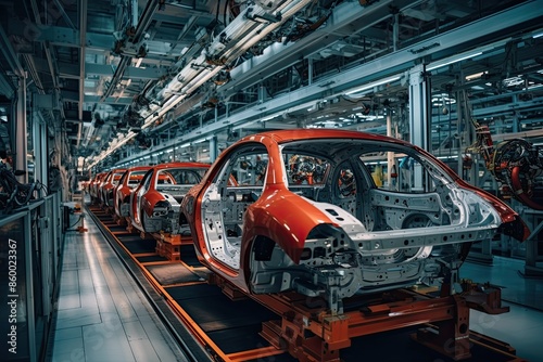 Automated robot arm assembly line manufacturing high-tech green energy electric vehicles. Automobile assembly line production. Automatic construction, building, welding industrial production conveyor.