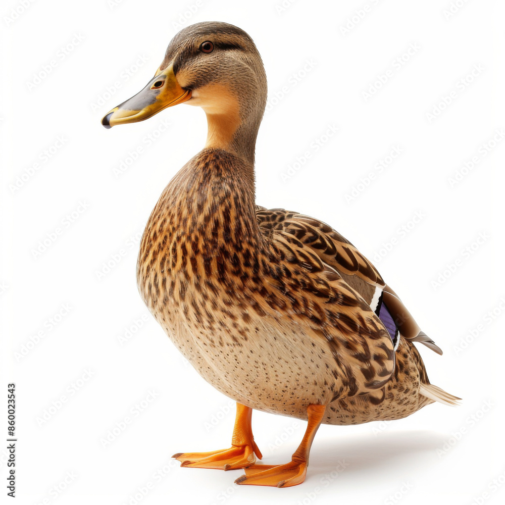 Obraz premium Profile view of a female mallard duck standing on a white background, showcasing its distinctive feathers and coloring.