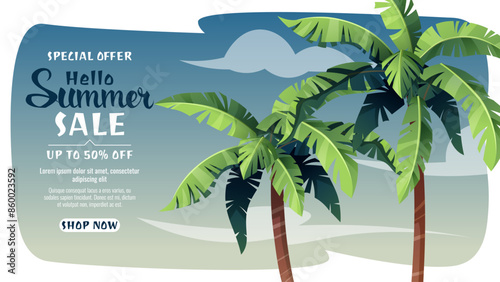 Banner with palm trees against a tropical sky. Lazy holiday, beach, sea. Suitable for web banners, backgrounds, posters, etc. Hello summer.