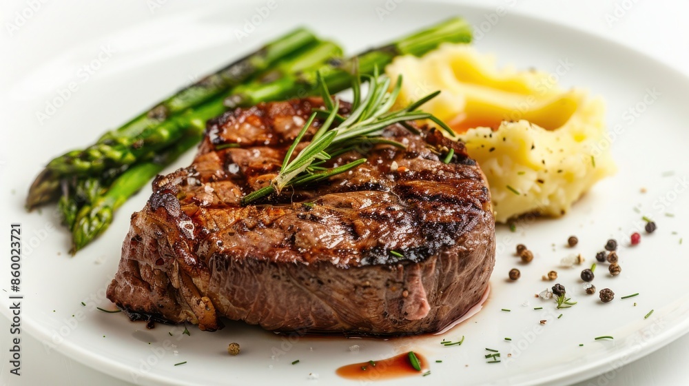 Juicy steak served with creamy mashed potatoes garnished elegantly Juicy steak served with creamy mashed potatoes garnished elegantly
