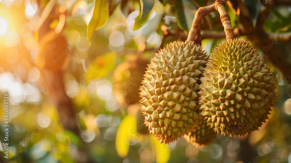 Monthong durian. A realistic photo of a Monthong durian hanging from a tree Monthong durian. A realistic photo of a Monthong durian hanging from a tree
