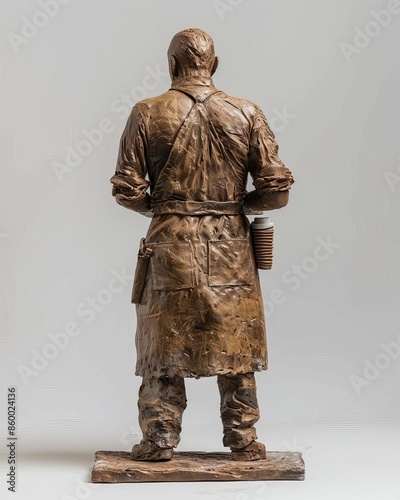 Rear view of a bronze sculpture depicting a male artisan, showing detailed craftsmanship and texture. photo