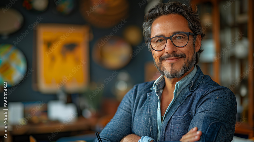 A portrait of a financial planner at their desk, with a clear focus on the planner and empty space for text