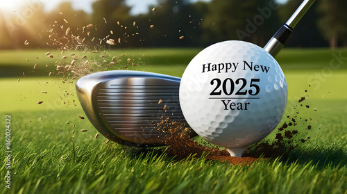 Golf club hitting golf ball with text Happy new 2025 year, sport background, festive template