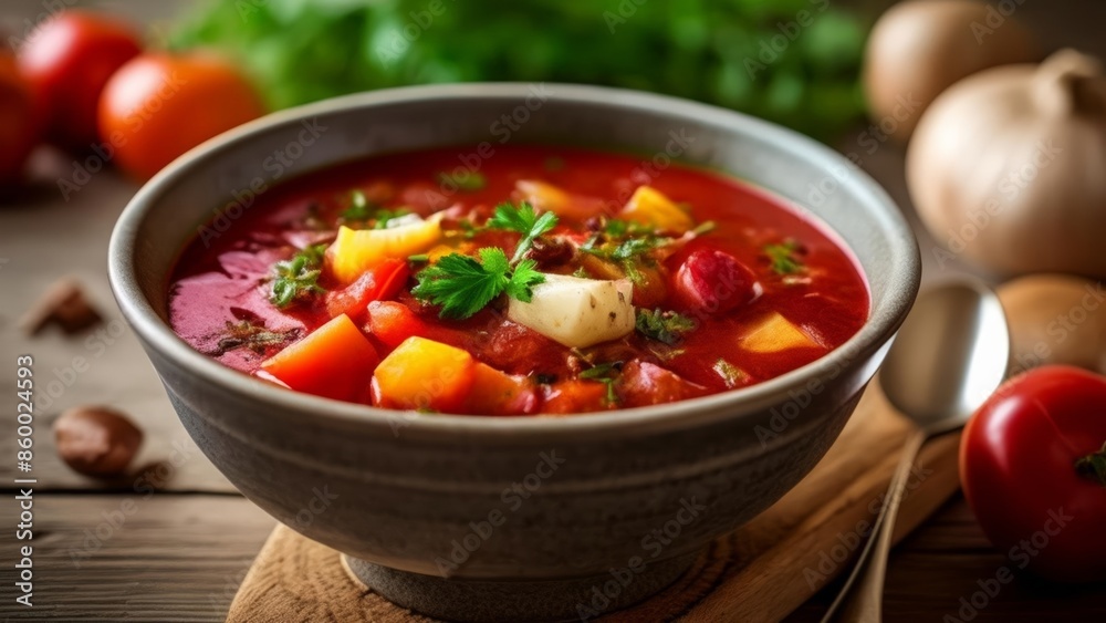 Delicious hearty vegetable soup in a bowl Delicious hearty vegetable soup in a bowl