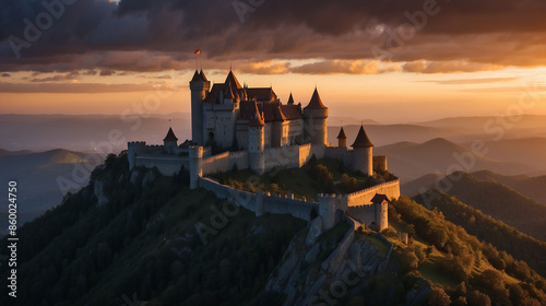 castle on a mountain with sunset