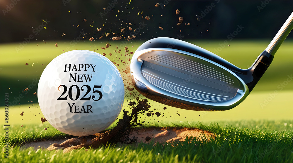 Golf club hitting golf ball with text Happy new 2025 year, sport background, festive template