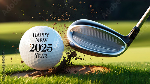 Obraz na płótnie Golf club hitting golf ball with text Happy new 2025 year, sport background, festive template w salonie