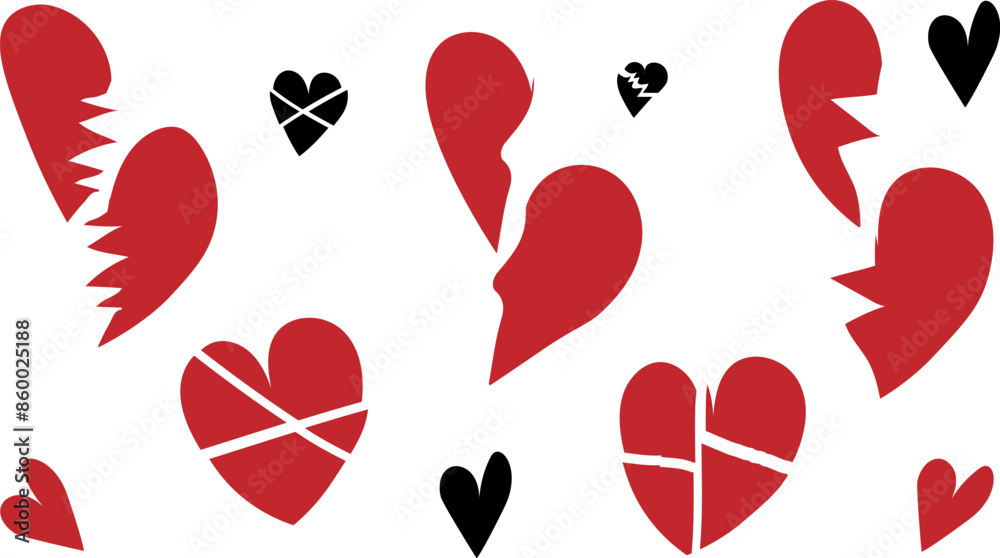 A set of red and black hearts. Red black broken hearts. The concept of love and separation A set of red and black hearts. Red black broken hearts. The concept of love and separation
