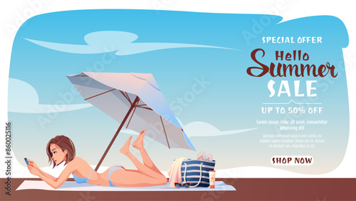 Banner with Beautiful woman sunbathing under an umbrella on a tropical beach. A relaxing holiday at sea. Summer holiday, beach, relaxation. For cards, banners, posters. Hello summer.
