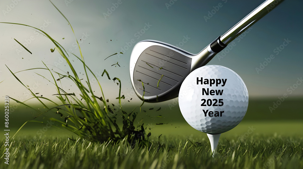 Golf club hitting golf ball with text Happy new 2025 year, sport background, festive template