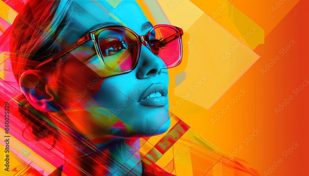 Striking pop-art style portrait of a woman with sunglasses, vibrant color overlay, modern and dynamic. Perfect for creative projects. Striking pop-art style portrait of a woman with sunglasses, vibrant color overlay, modern and dynamic. Perfect for creative projects.