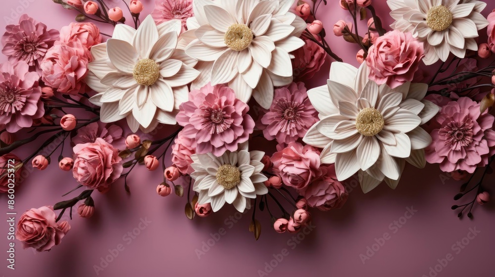 top view of beautiful flowers on pink background for valentine banner or poster top view of beautiful flowers on pink background for valentine banner or poster