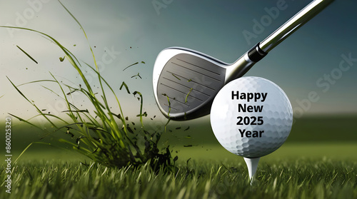 Obraz na płótnie Golf club hitting golf ball with text Happy new 2025 year, sport background, festive template w salonie