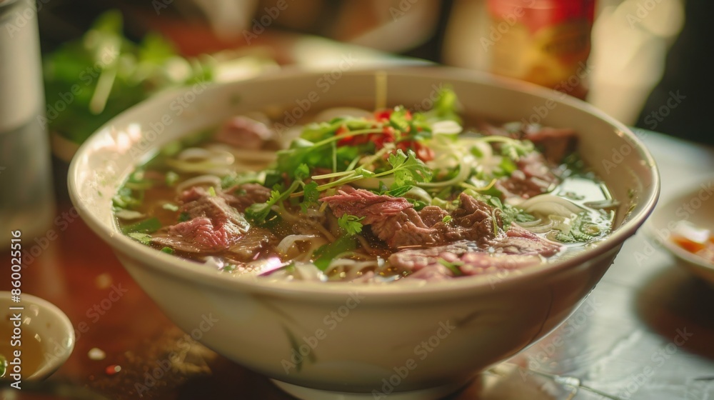 Delicious Bowl of Pho with Beef Noodles and Fresh Herbs Delicious Bowl of Pho with Beef Noodles and Fresh Herbs