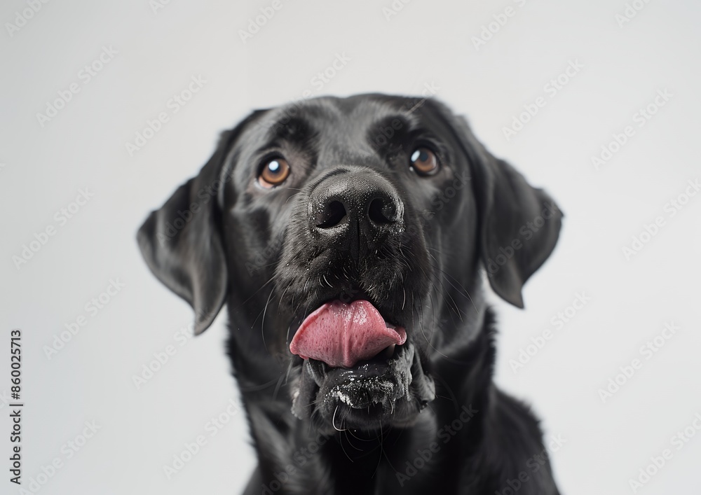 Black Labrador dog licking its nose, isolated on white background with copy space. Close up portrait of cute pet in a studio shot. The dog is looking at the camera and eating ice cream from its tongue Black Labrador dog licking its nose, isolated on white background with copy space. Close up portrait of cute pet in a studio shot. The dog is looking at the camera and eating ice cream from its tongue