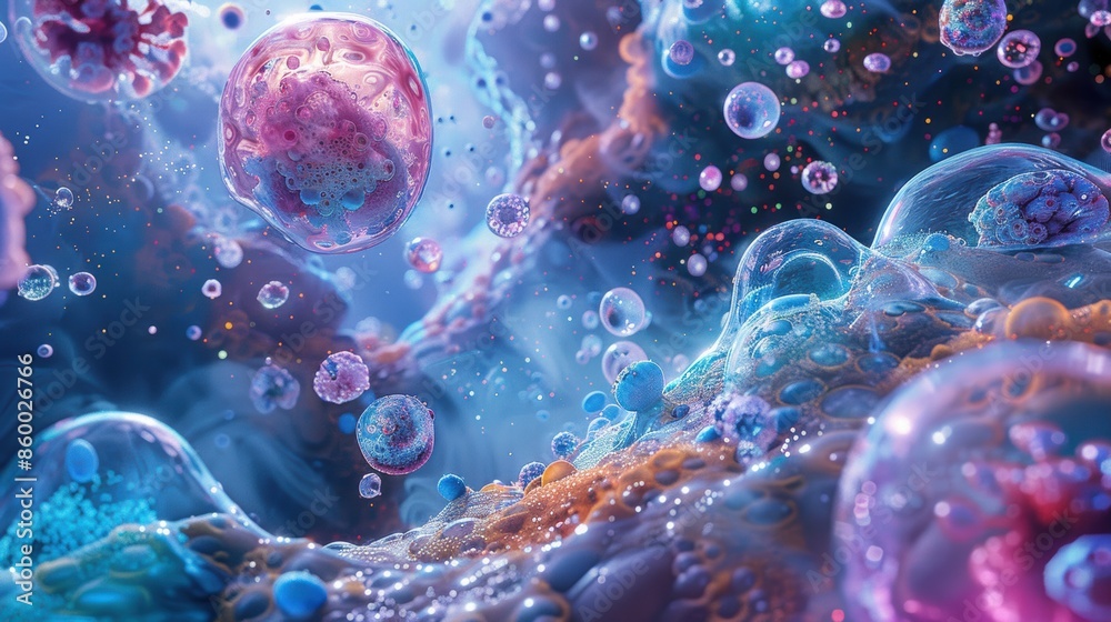 A fantastical close-up of a single cell, where organelles resemble planets and biomolecules float like spaceships A fantastical close-up of a single cell, where organelles resemble planets and biomolecules float like spaceships