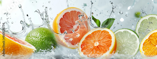 Fresh citrus fruits - grapefruit, lemon, lime, and orange slices splashing in water with droplets. Vibrant, refreshing, and healthy. photo