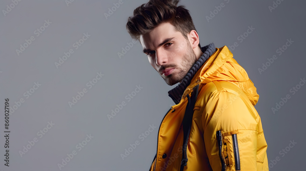 appealing trendy man in yellow jacket posing attractively on gray backdrop fashion concept banner : Generative AI