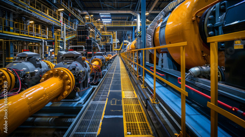 Interior view of a modern factory with extensive industrial piping and machinery, showcasing advanced technology and infrastructure.