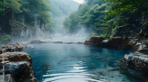 Tranquil escape soaking in the healing waters of a secluded japanese onsen amidst stunning scenery photo
