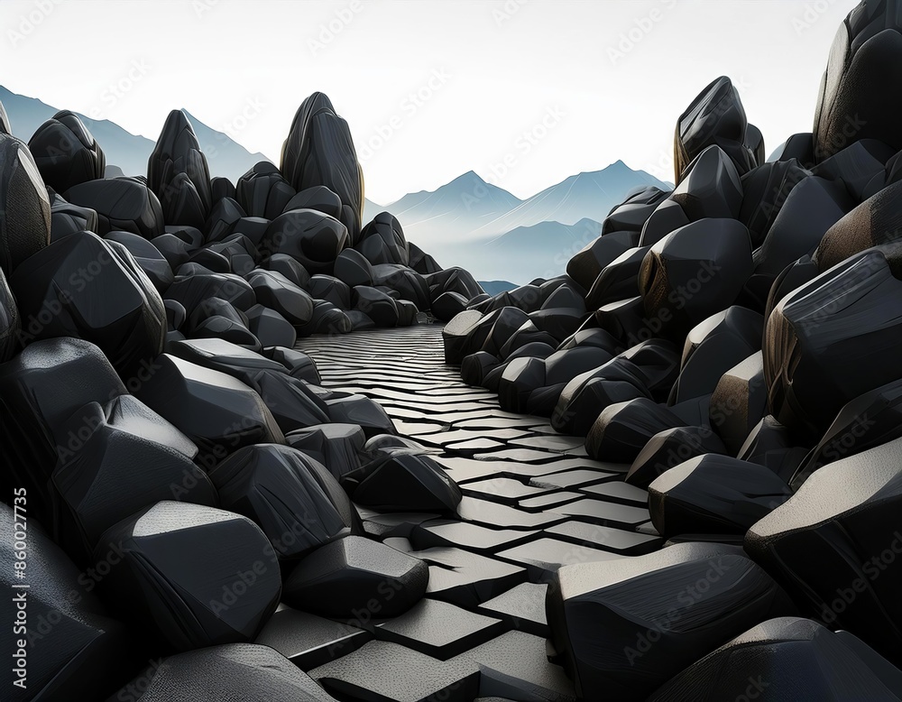 Fototapeta premium Black stone path and mountains in the background, 3d render illustration