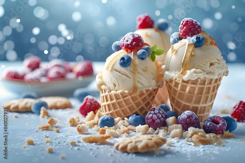 Delightful ice cream scoops in a waffle cone a gourmet futurist treat photo