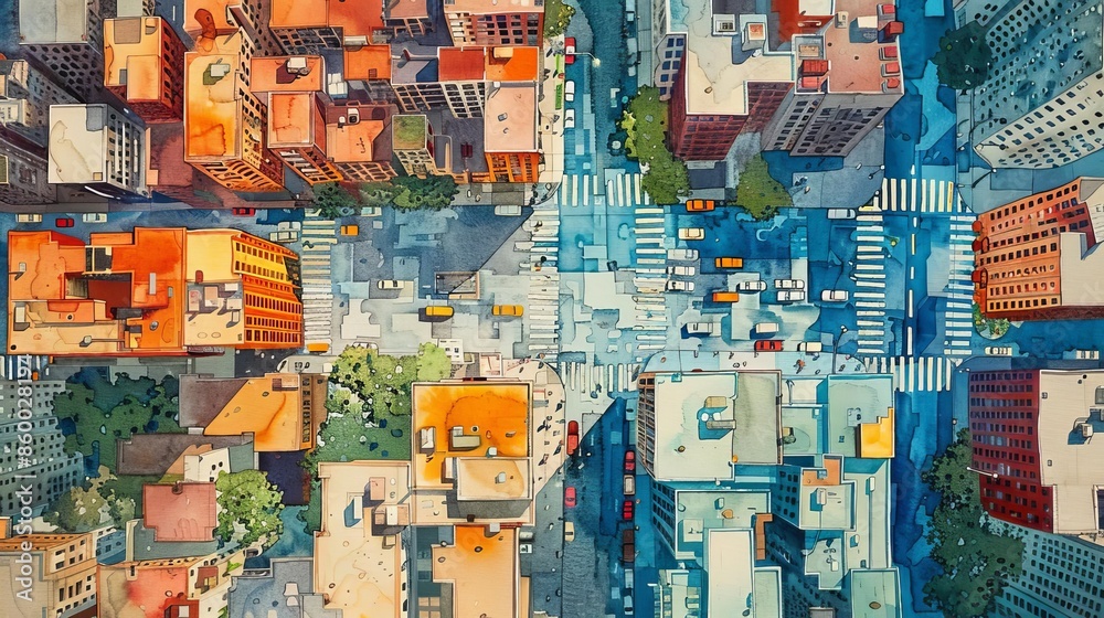Fototapeta premium Aerial view of urban cityscape with colorful buildings and streets intersecting, showcasing the dynamic architecture and bustling city life.