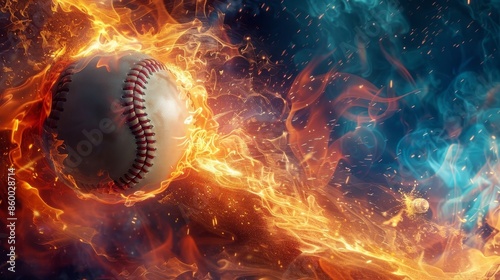 Wallpaper Mural Fiery baseball with leather texture exploding and motion blur, leaving vibrant energy trails and ample banner space. Torontodigital.ca