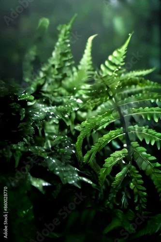 dark green fern leaves (assplenium dissectum) with water drops in dark moody forest background, hyper realistic high resolution, 8k photo