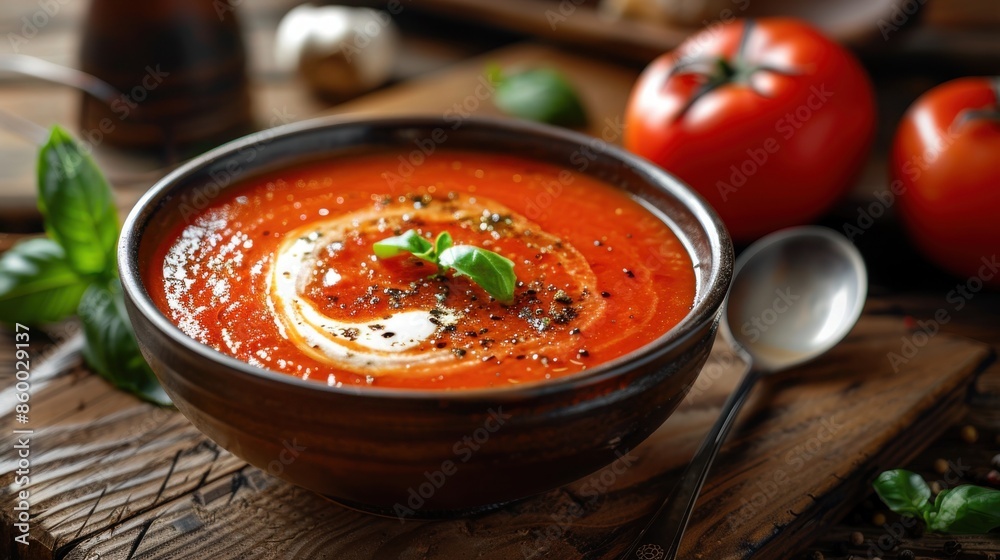 Soothing bowl of creamy tomato soup with a sprinkle of herbs Soothing bowl of creamy tomato soup with a sprinkle of herbs