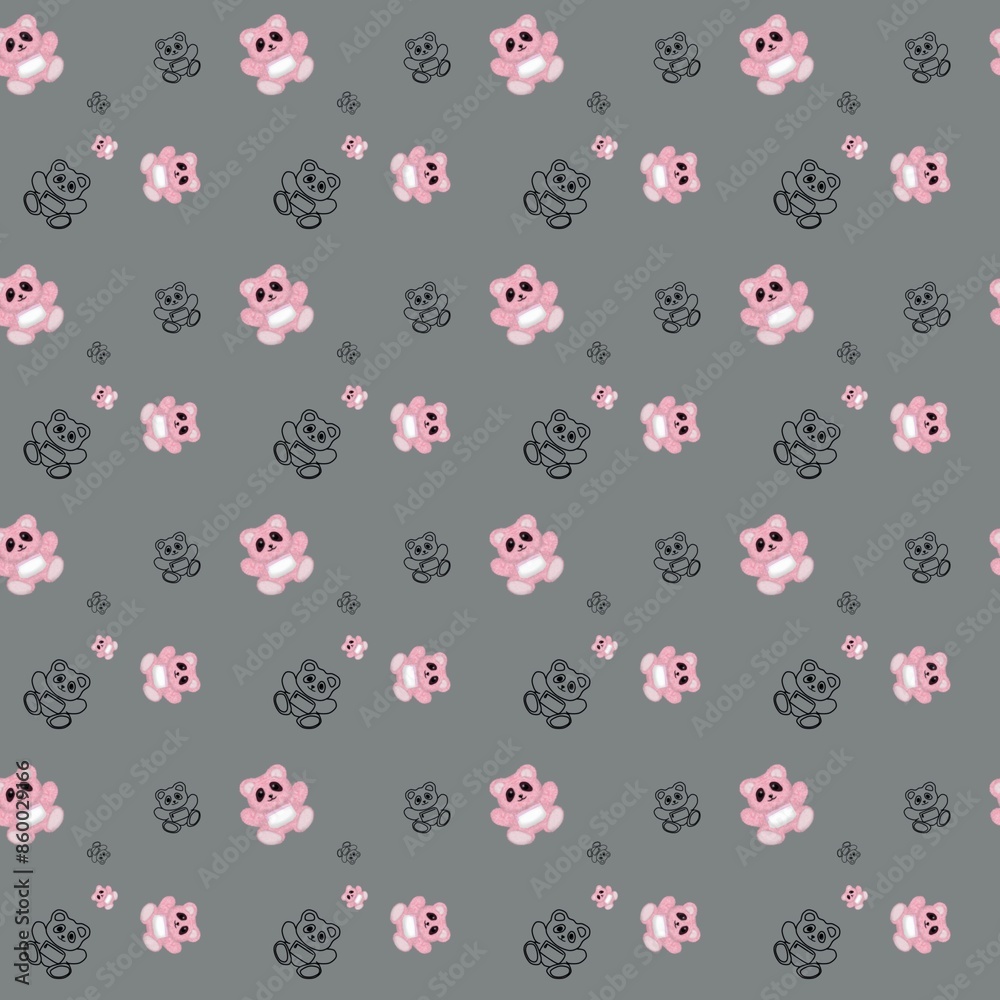 seamless pattern with pink teddy bear and line art of teddy bear with gray background seamless pattern with pink teddy bear and line art of teddy bear with gray background