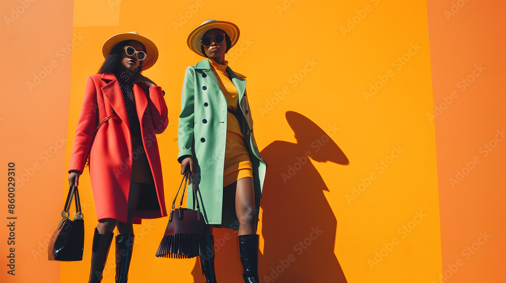 Autumn fashion two women in trendy clothes coat high boots bags Street style outfit : Generative AI Autumn fashion two women in trendy clothes coat high boots bags Street style outfit : Generative AI