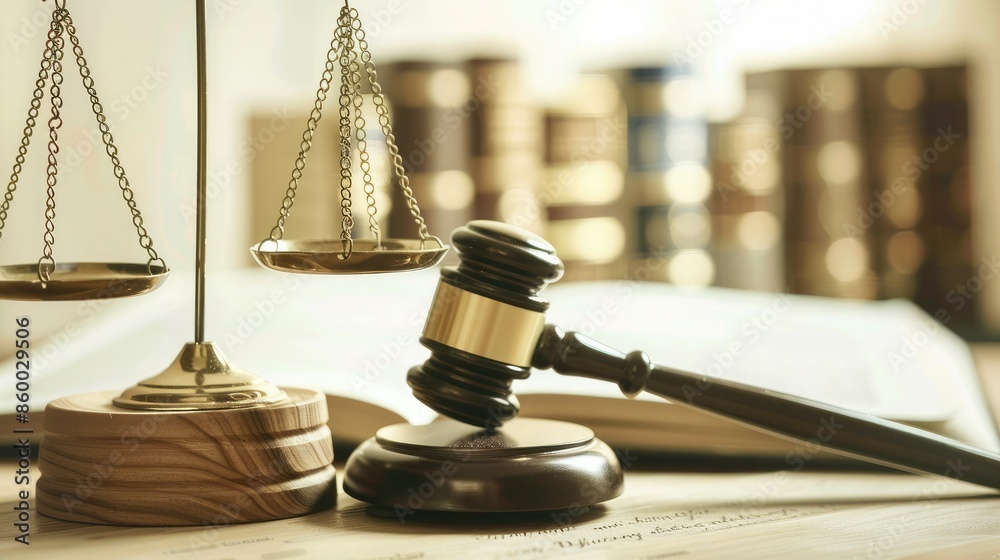 Close-up of a wooden judge gavel and scales of justice on a desk in a courtroom, symbolizing law and justice. Close-up of a wooden judge gavel and scales of justice on a desk in a courtroom, symbolizing law and justice.