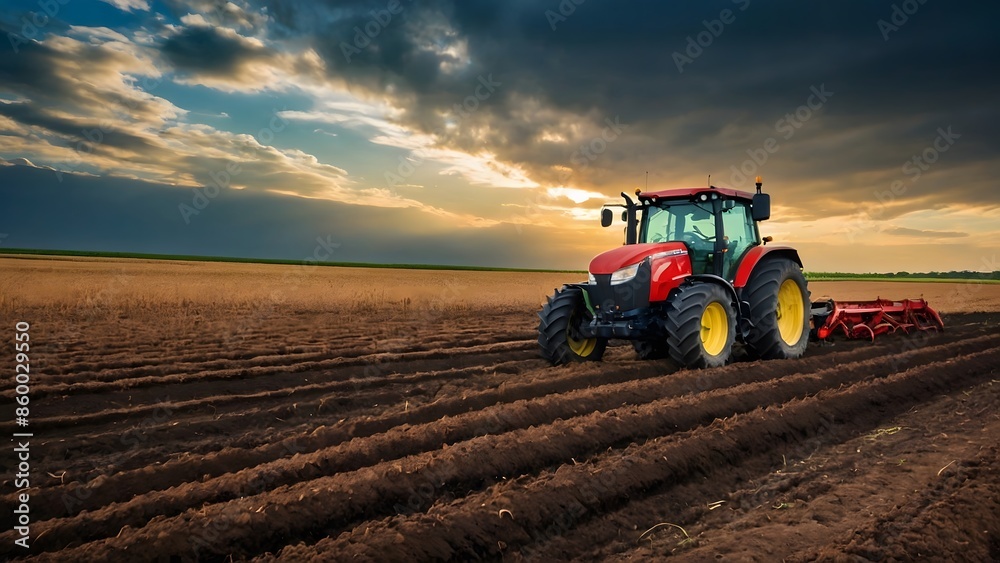 Fototapeta premium Landscape photograph featuring a red tractor with yellow wheels plowing a vast, freshly tilled field under a sky with sunset.