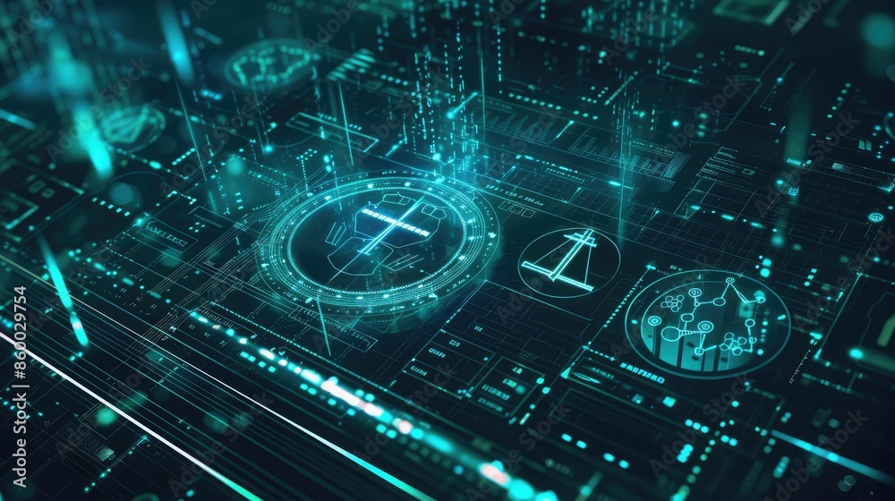 Fototapeta premium Futuristic digital justice interface with glowing icons and holographic elements, representing technological advancements in legal systems.