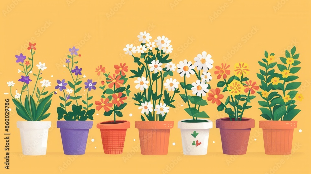 A row of potted flowers in various colors and styles adds a touch of vibrancy to a homey setting. Generative AI