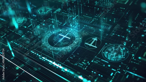 Wallpaper Mural Futuristic digital justice interface with glowing icons and holographic elements, representing technological advancements in legal systems. Torontodigital.ca