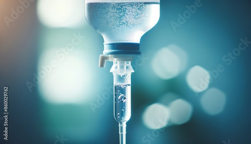 A close-up of an IV drip with focus on the clear fluid bag and drip chamber, set against a blurred background of a hospital room photo