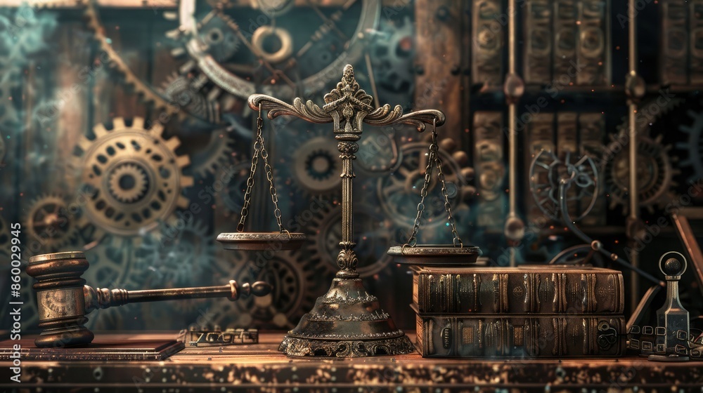 Fototapeta premium Vintage law office with scales of justice, gavel, and antique books surrounded by gears, representing law and industry.