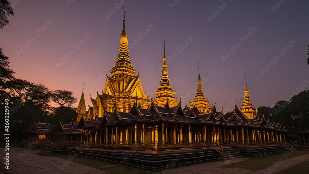 Fototapeta premium Evening scene, Gold pagodas and the elegant Ancient wooden Temples in Twilight at Wat Para Singh, 