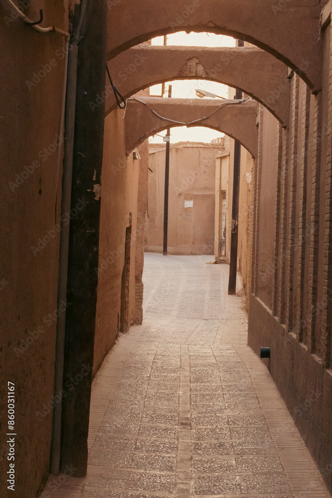 Allies of ancient city of Yazd, Iran constructed with adobes in details. Allies of ancient city of Yazd, Iran constructed with adobes in details.
