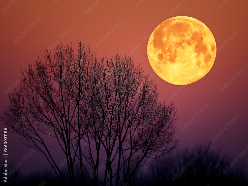 In this mesmerizing photograph, a full moon dominates the sky, casting a warm, golden glow over a silhouette of bare trees. The vibrant gradient from deep purple to soft orange in the background creat In this mesmerizing photograph, a full moon dominates the sky, casting a warm, golden glow over a silhouette of bare trees. The vibrant gradient from deep purple to soft orange in the background creat