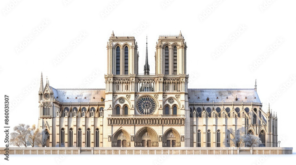 Naklejka premium A stunning front view of Notre-Dame Cathedral, showcasing its intricate Gothic architecture and historic grandeur on a clean white background.