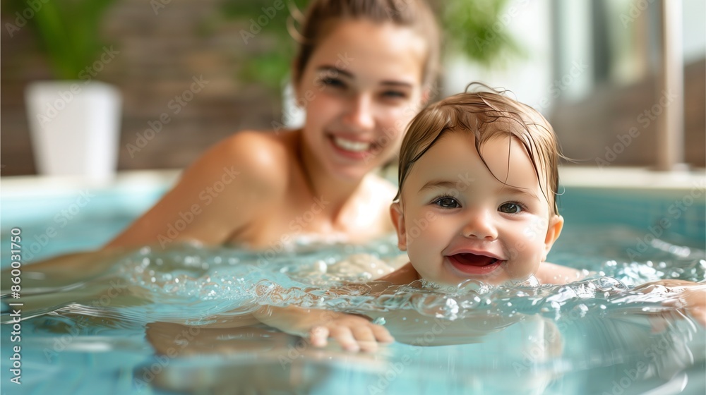 Parent and child enjoying swimming in a pool on a sunny day, surrounded by wat Parent and child enjoying swimming in a pool on a sunny day, surrounded by wat