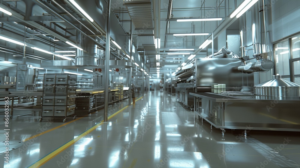 Obraz premium Industrial Kitchen Interior Perspective - Stainless Steel Equipment and Bright Lighting
