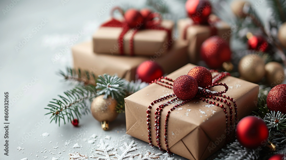 Christmas gift boxes with gold and red color wrapping and blank space for text editing Christmas gift boxes with gold and red color wrapping and blank space for text editing